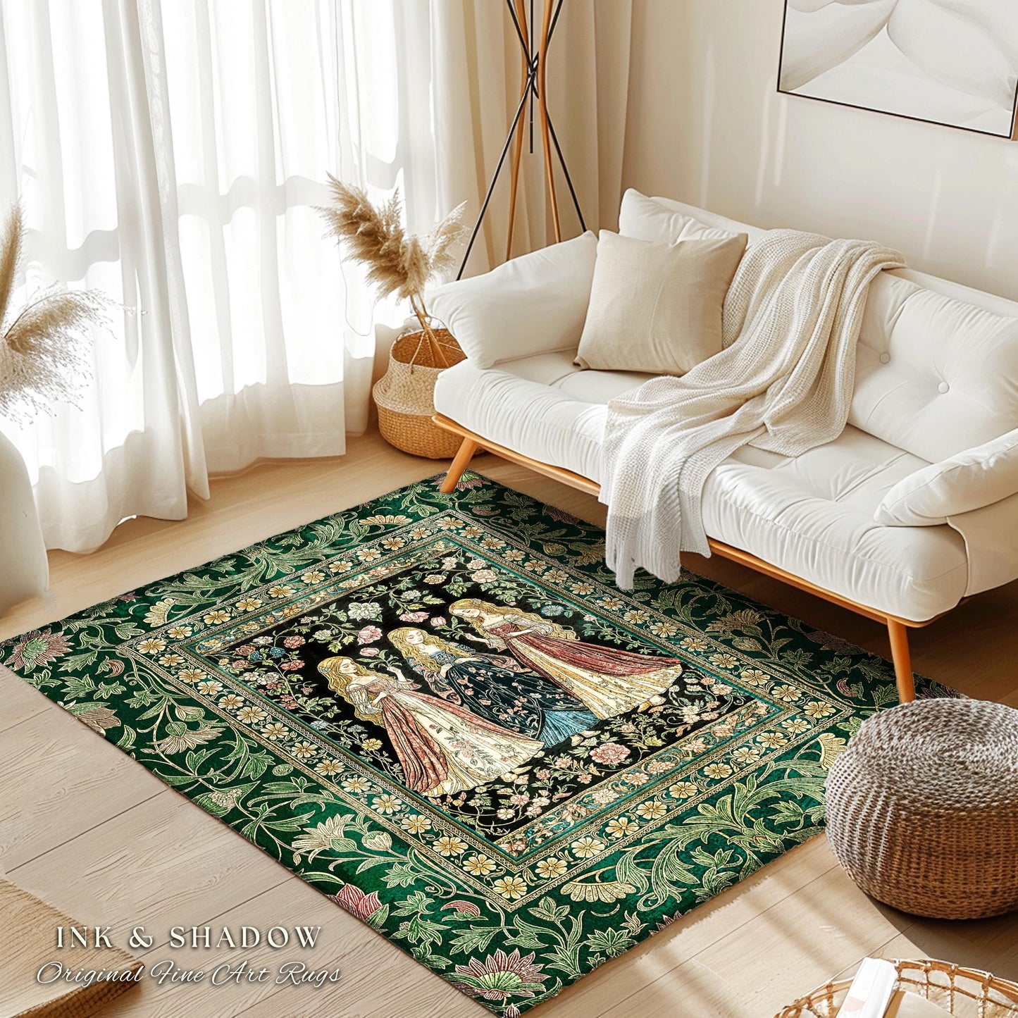 Coven Sisterhood Mystic Area Rug | Witchcore Medieval Folklore Enchanted Botanical Bedroom Accent Celestial Folklore Wiccan Aesthetic Decor