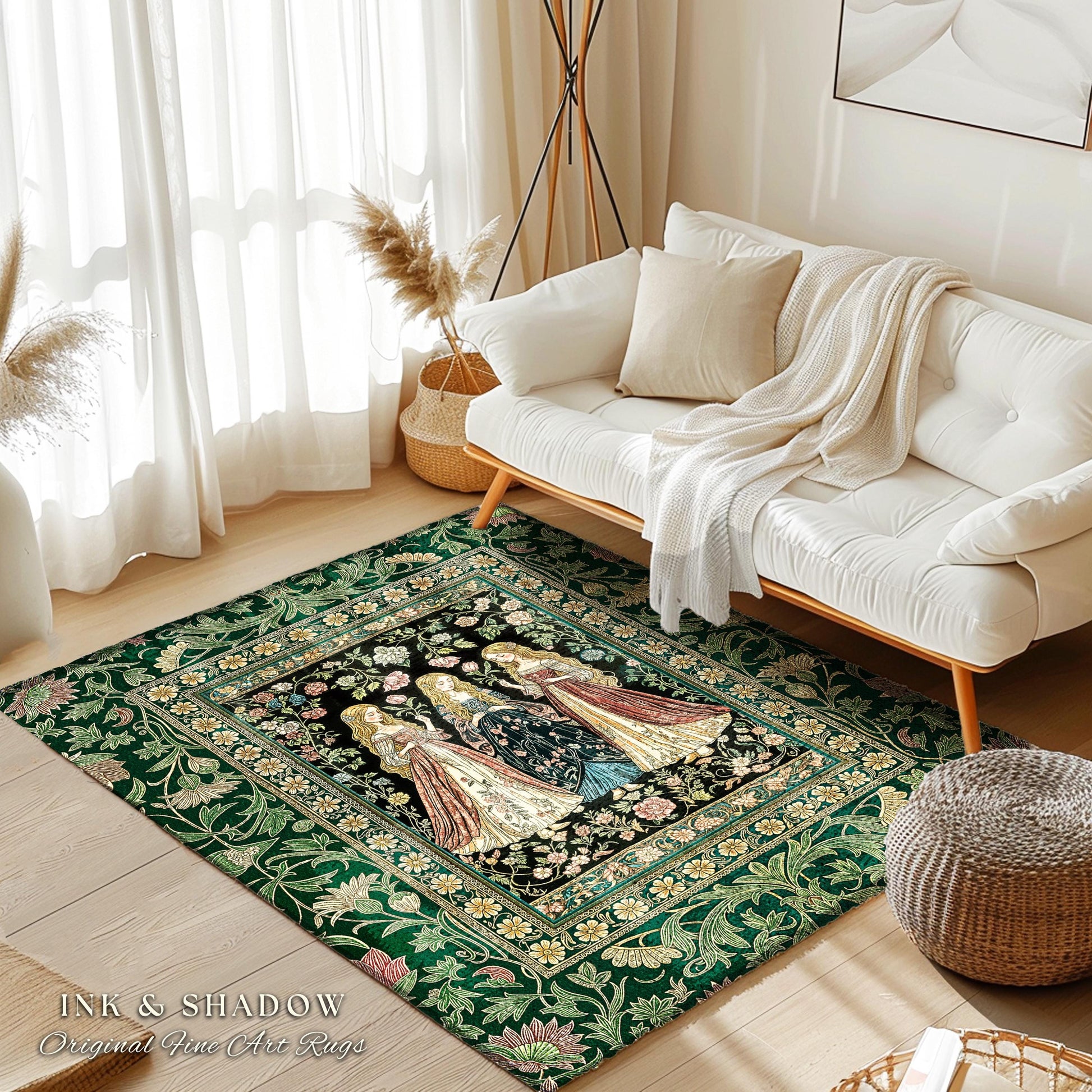 Coven Sisterhood Mystic Area Rug | Witchcore Medieval Folklore Enchanted Botanical Bedroom Accent Celestial Folklore Wiccan Aesthetic Decor