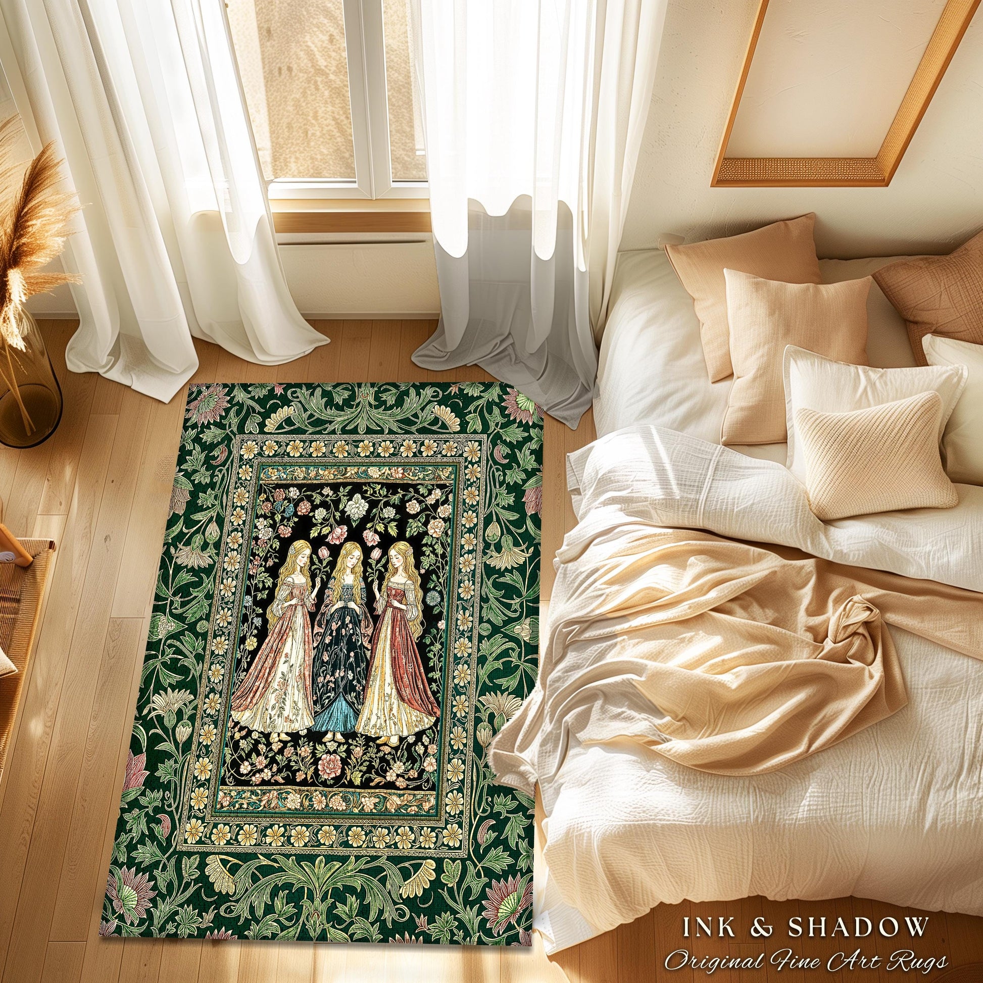 Coven Sisterhood Mystic Area Rug | Witchcore Medieval Folklore Enchanted Botanical Bedroom Accent Celestial Folklore Wiccan Aesthetic Decor