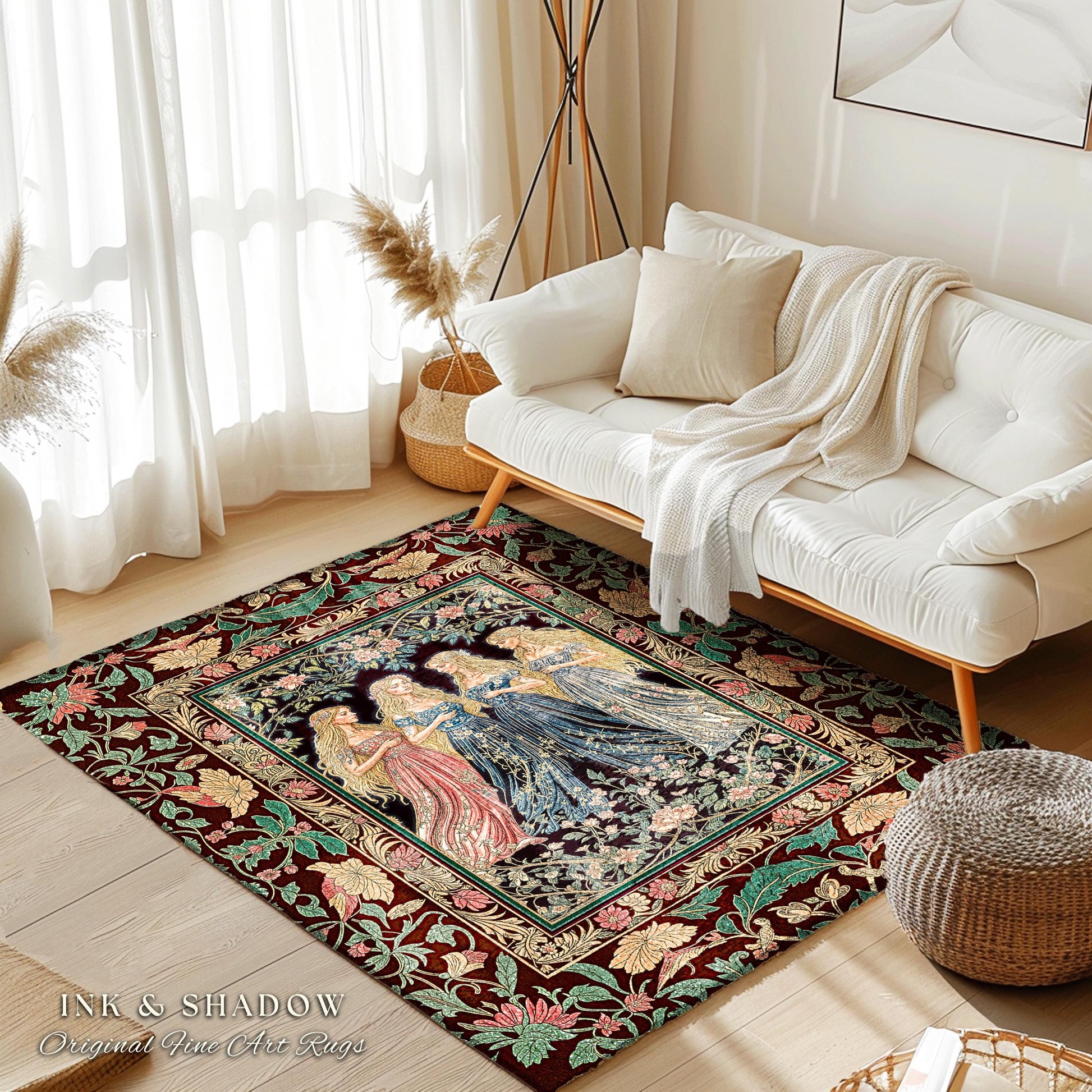 Magic Maidens Medieval Area Rug | Dark Fairytale Witches Floral Forest Floor Vedroom Accent Ethereal Renaissance Gothic Art Decor Fairycore