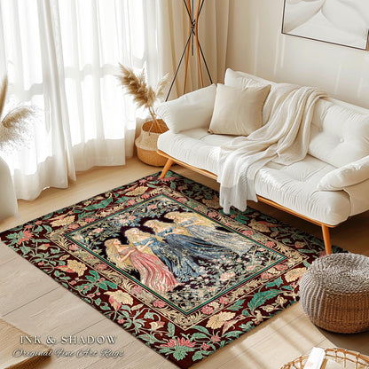 Magic Maidens Medieval Area Rug | Dark Fairytale Witches Floral Forest Floor Vedroom Accent Ethereal Renaissance Gothic Art Decor Fairycore