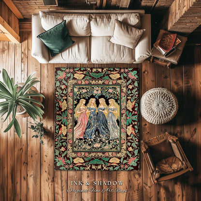 Magic Maidens Medieval Area Rug | Dark Fairytale Witches Floral Forest Floor Vedroom Accent Ethereal Renaissance Gothic Art Decor Fairycore