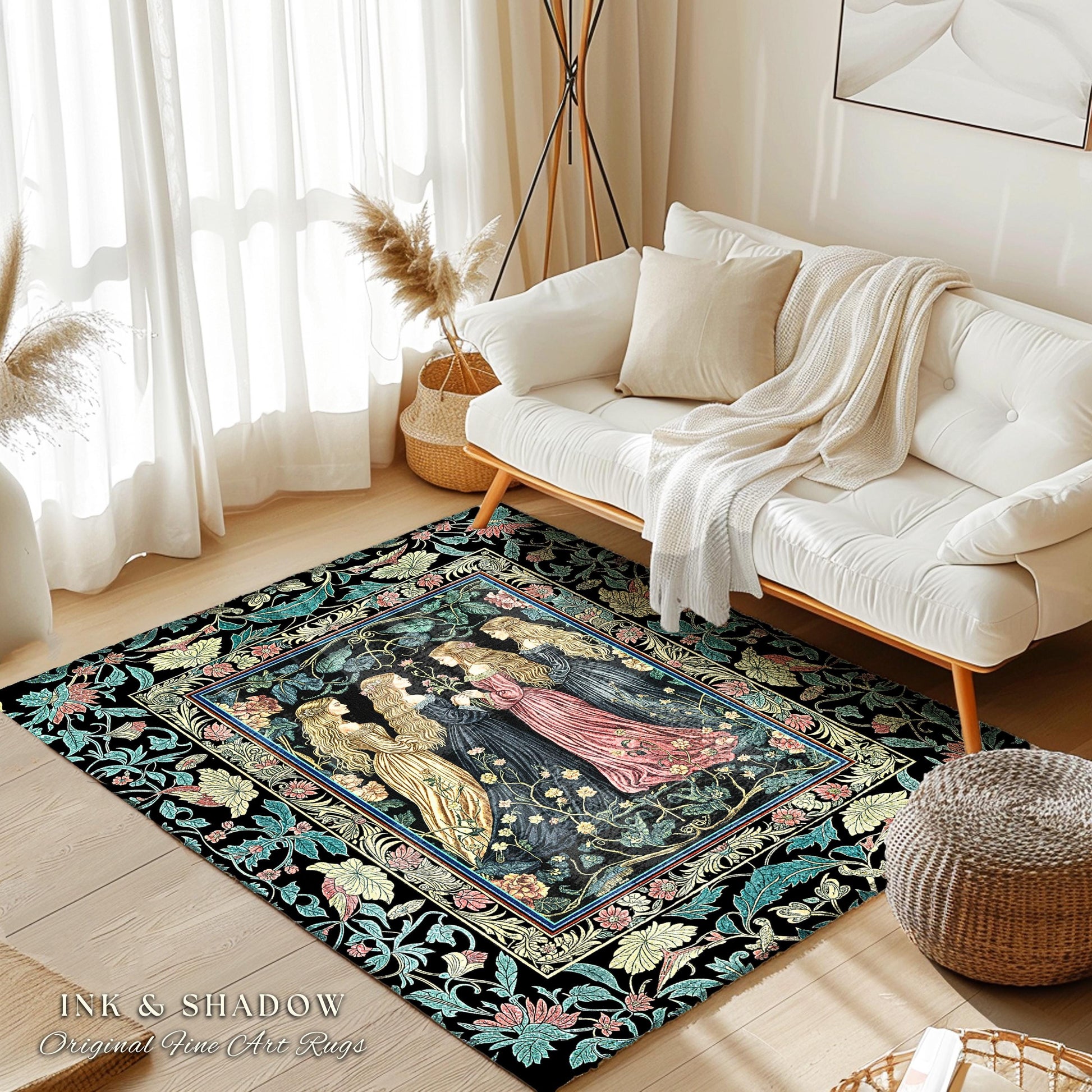 Wiccan Botanical Style Accent Rug | Medieval Celestial Dark Cottagecore Folklore Sisterhood Magic Witchy Bedroom Enchanted Boho Aesthetic |