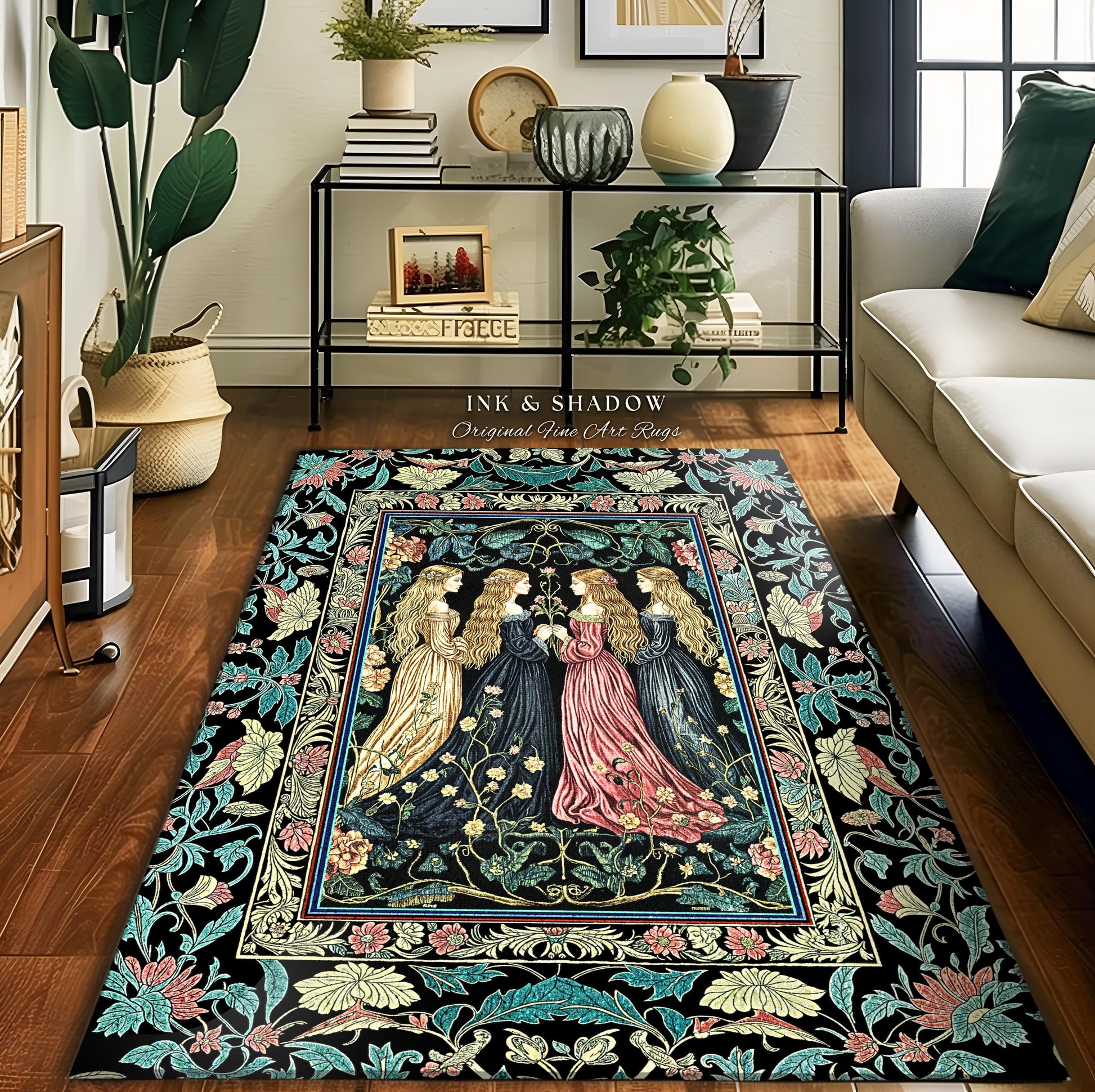Wiccan Botanical Style Accent Rug | Medieval Celestial Dark Cottagecore Folklore Sisterhood Magic Witchy Bedroom Enchanted Boho Aesthetic |