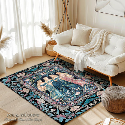 Rustic Medieval Fairycore Witch Bedroom Rug | Celestial Sorceress Gothic Elegance Altar Rug Pastel Botanical Accent Folklore Aesthetic Style