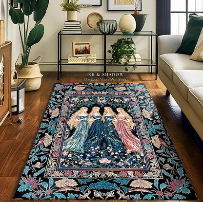 Rustic Medieval Fairycore Witch Bedroom Rug | Celestial Sorceress Gothic Elegance Altar Rug Pastel Botanical Accent Folklore Aesthetic Style