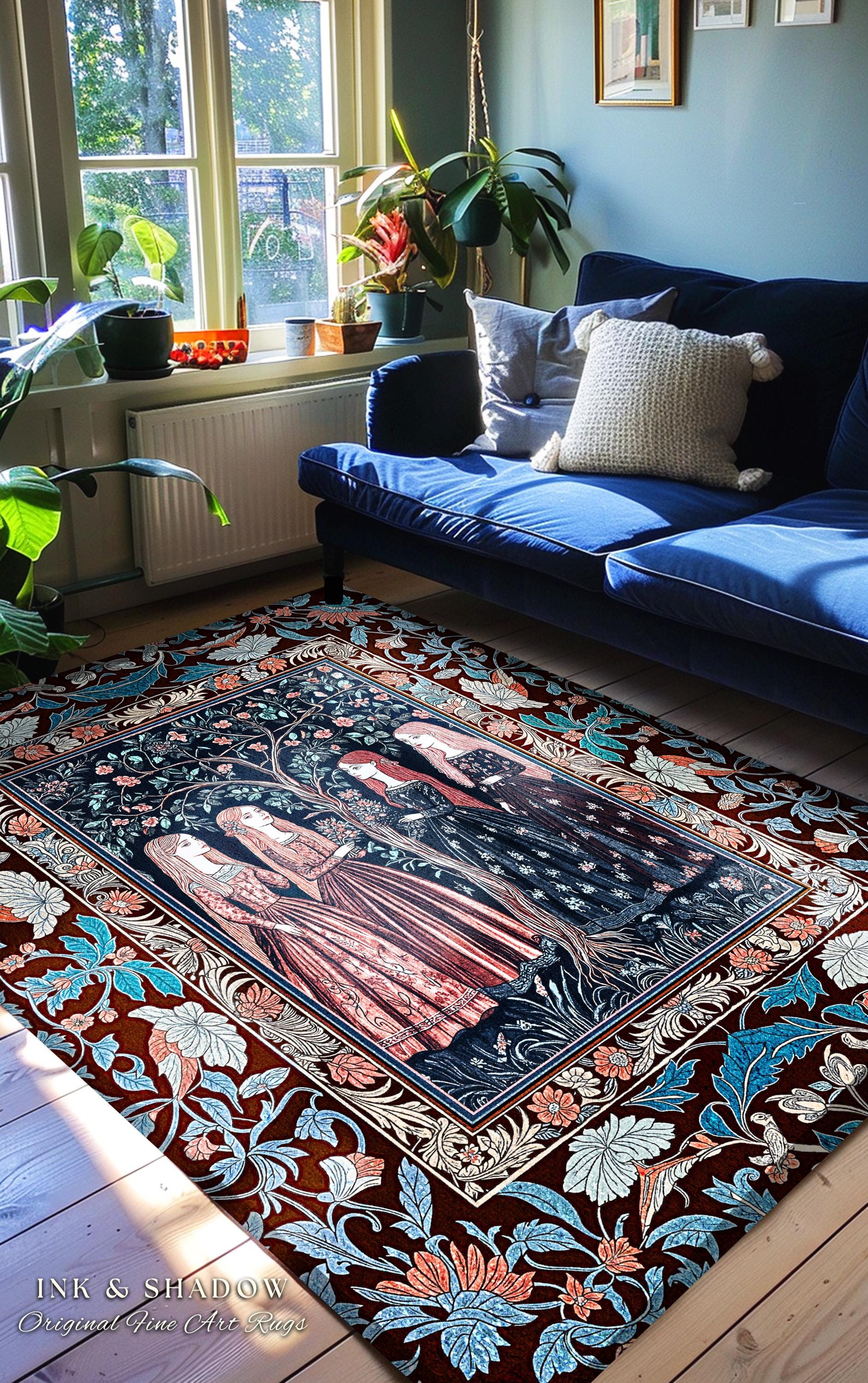 Pastel Fairy Forest Elegant Accent Rug | Druid Medieval Maiden Baroque Aesthetic Magic Decor Celestial Gothic Bedroom Art Nouveau Decor Boho