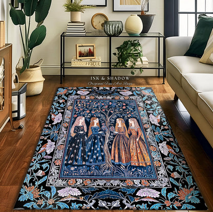 Enchanted Sisterhood Folklore Area Rug | Moody Bedroom Dark Enchantment Witchy Bedroom Accent Rug Mythical Aesthetic Folk Art Dreamy Decor |