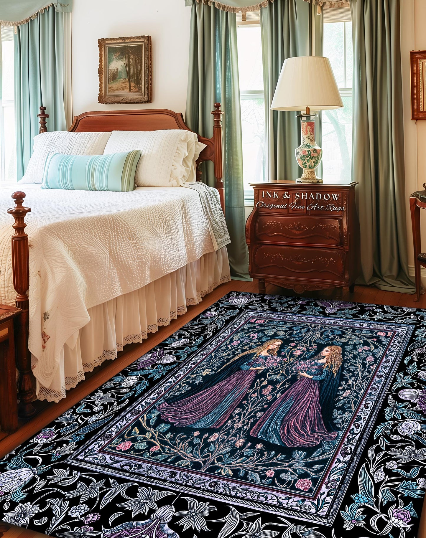 Witchy Sisters Arcane Forest Area Rug | Celestial Witchcraft Baroque Folklore Bedroom Accent Fairytale Gothic Storybook Aesthetic Moody Goth