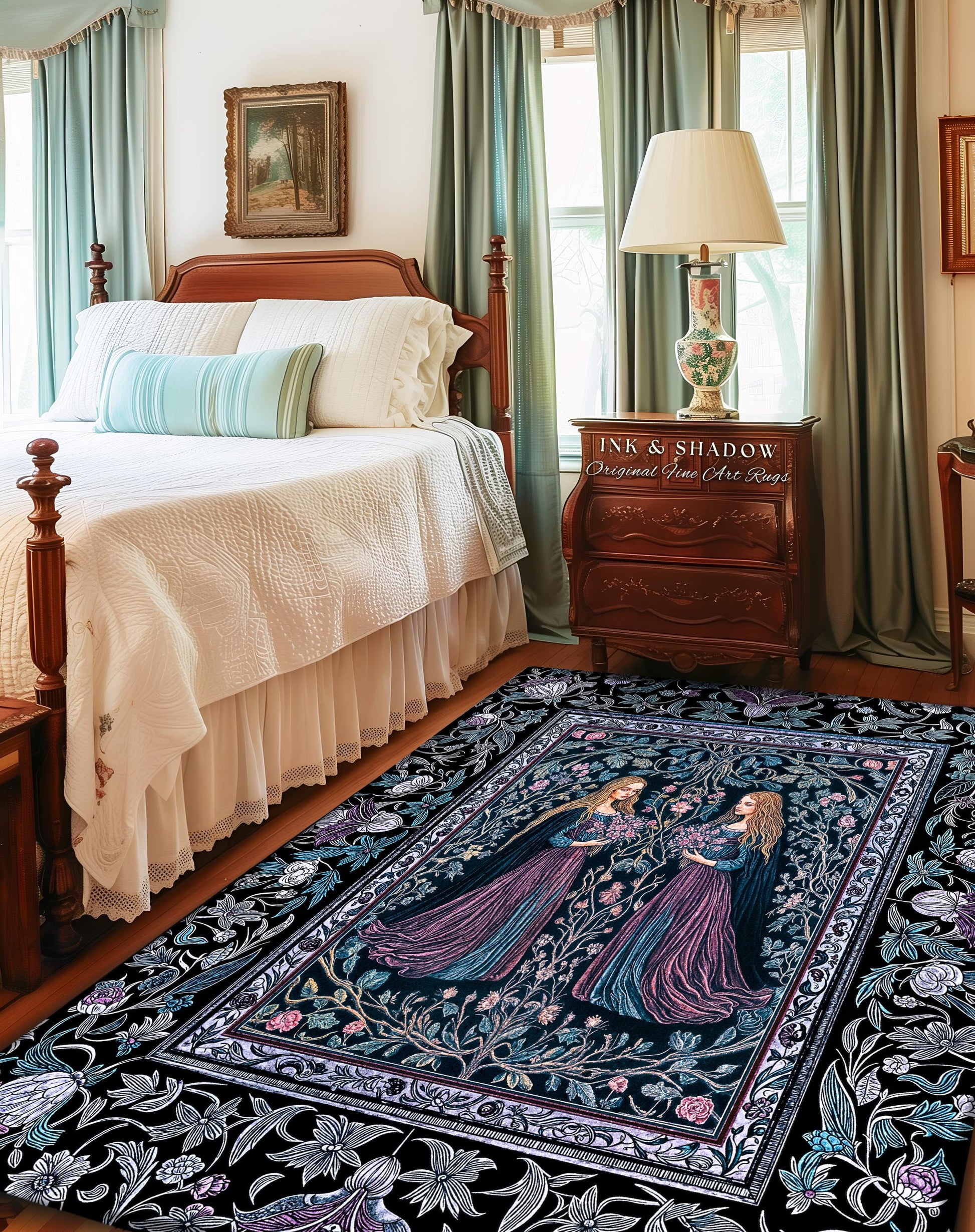 Witchy Sisters Arcane Forest Area Rug | Celestial Witchcraft Baroque Folklore Bedroom Accent Fairytale Gothic Storybook Aesthetic Moody Goth