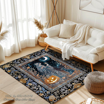 Moonlit Jack-o-lantern Witch Accent Rug | Enchanted Forest Baroque Maiden Pastel Folklore Black Cat Celestial Aesthetic Halloween Bedroom |