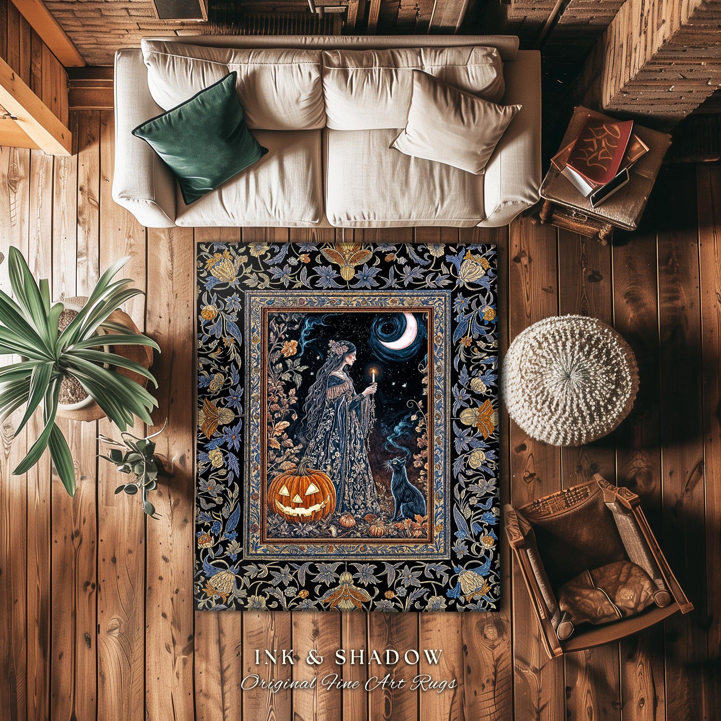 Moonlit Jack-o-lantern Witch Accent Rug | Enchanted Forest Baroque Maiden Pastel Folklore Black Cat Celestial Aesthetic Halloween Bedroom |