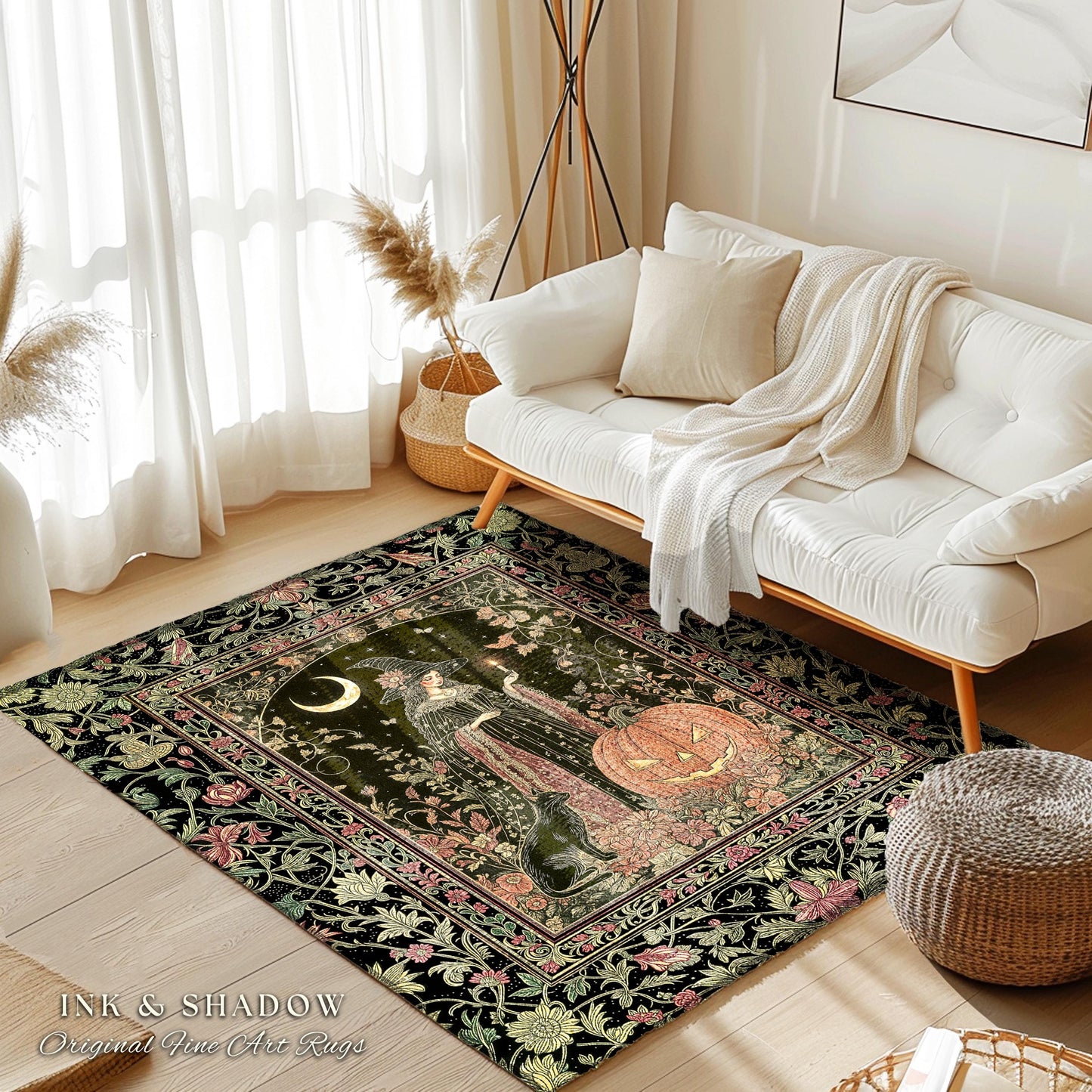 Halloween Gothic Witchcraft Area Rug | Ornate Gothic Black Cat Folklore Spooky Bedroom Jack-o-Lantern Fairytale Aesthetic Medieval Boho Moon