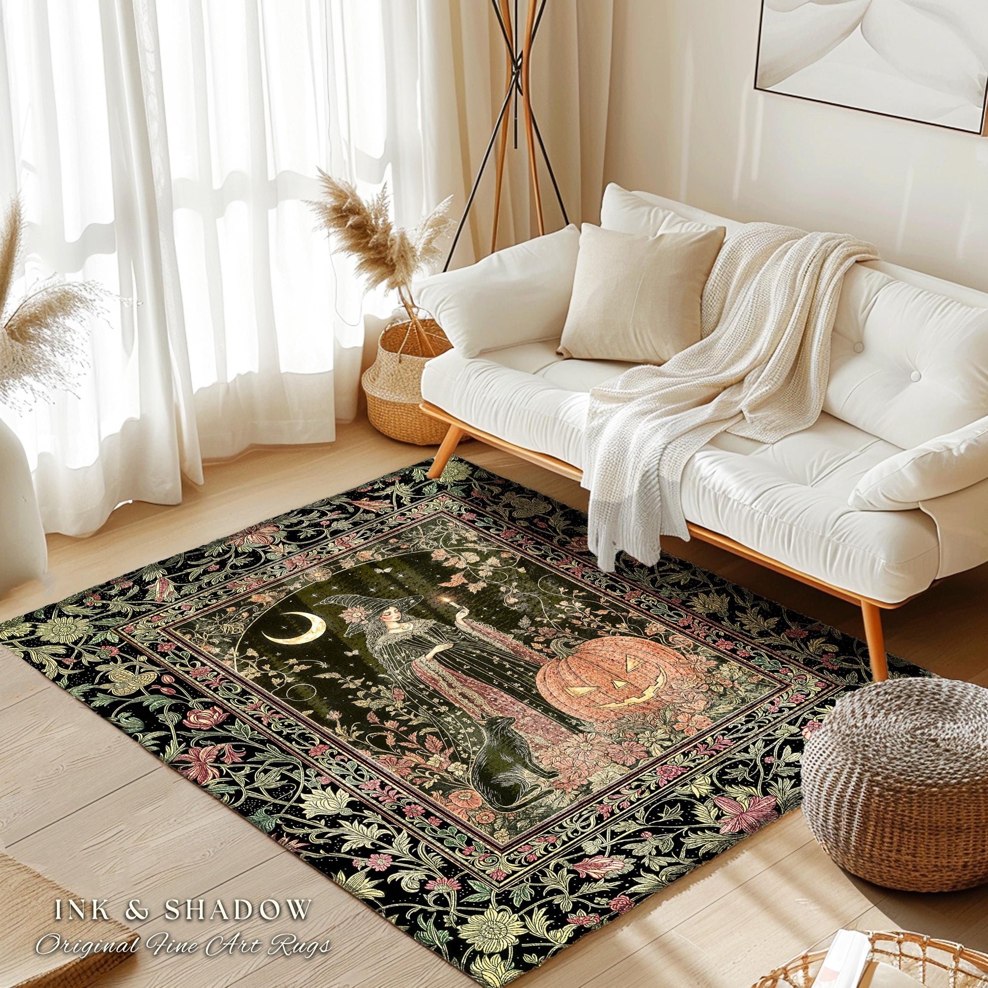 Halloween Gothic Witchcraft Area Rug | Ornate Gothic Black Cat Folklore Spooky Bedroom Jack-o-Lantern Fairytale Aesthetic Medieval Boho Moon