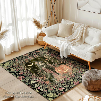 Halloween Gothic Witchcraft Area Rug | Ornate Gothic Black Cat Folklore Spooky Bedroom Jack-o-Lantern Fairytale Aesthetic Medieval Boho Moon