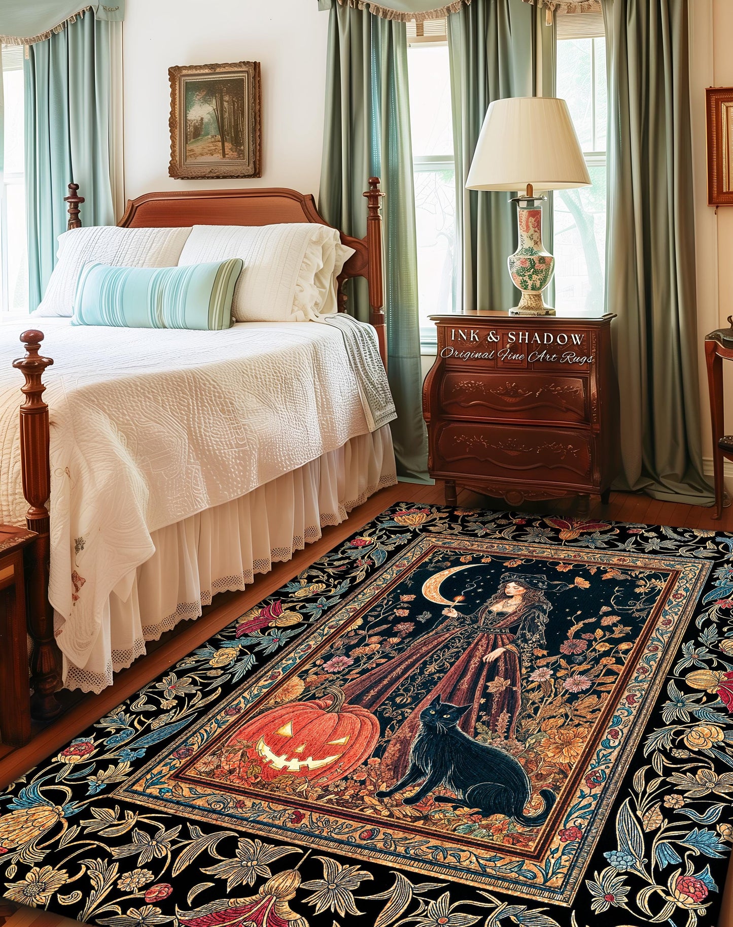 Black Cat Witch Spooky Season Area Rug | Celestial Sorceress Ethereal Halloween Aesthetic Accent Jack-o-lantern Wiccan Enchantment Gothic |