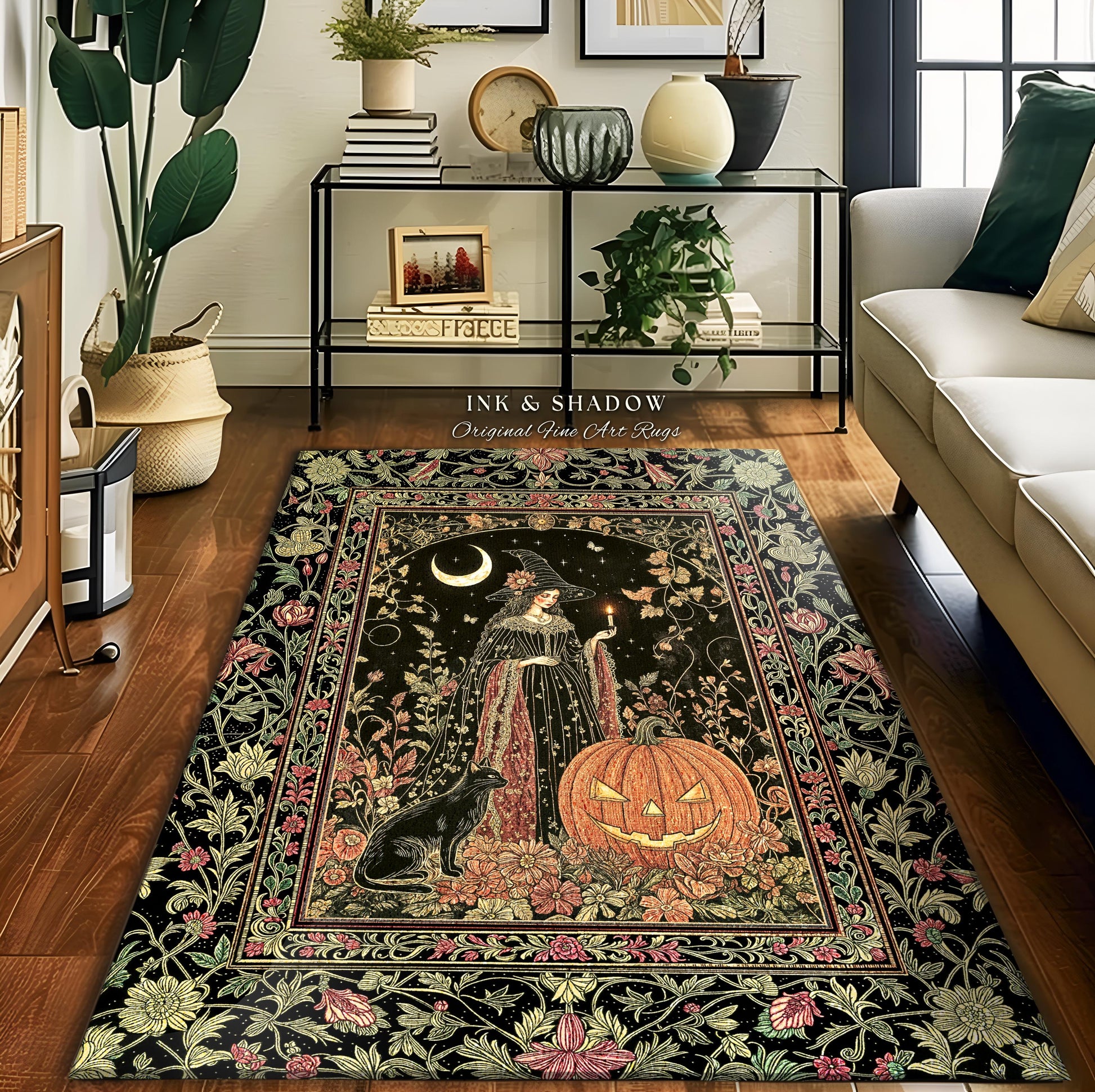 Halloween Gothic Witchcraft Area Rug | Ornate Gothic Black Cat Folklore Spooky Bedroom Jack-o-Lantern Fairytale Aesthetic Medieval Boho Moon