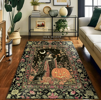 Halloween Gothic Witchcraft Area Rug | Ornate Gothic Black Cat Folklore Spooky Bedroom Jack-o-Lantern Fairytale Aesthetic Medieval Boho Moon