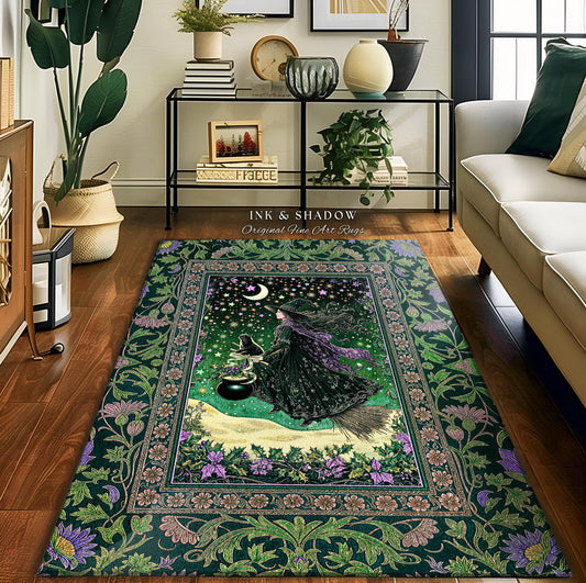 Botanical Witch Flying Broomstick Rug | Whimsigoth Bedroom Accent Gothic Cat Mystic Midnight Magic Aesthetic Moody Green Sky Moonlight Decor