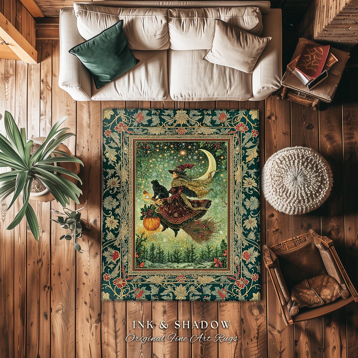 Celestial Moon Whimsical Witch Area Rug | Gothic Folk Decor Dark Magic Broomstick Black Cat Art Dark Academia Bedroom Botanical Witchcore |