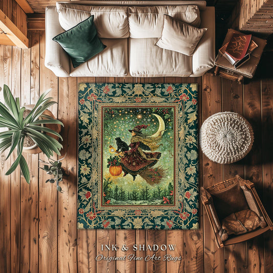 Celestial Moon Whimsical Witch Area Rug | Gothic Folk Decor Dark Magic Broomstick Black Cat Art Dark Academia Bedroom Botanical Witchcore |