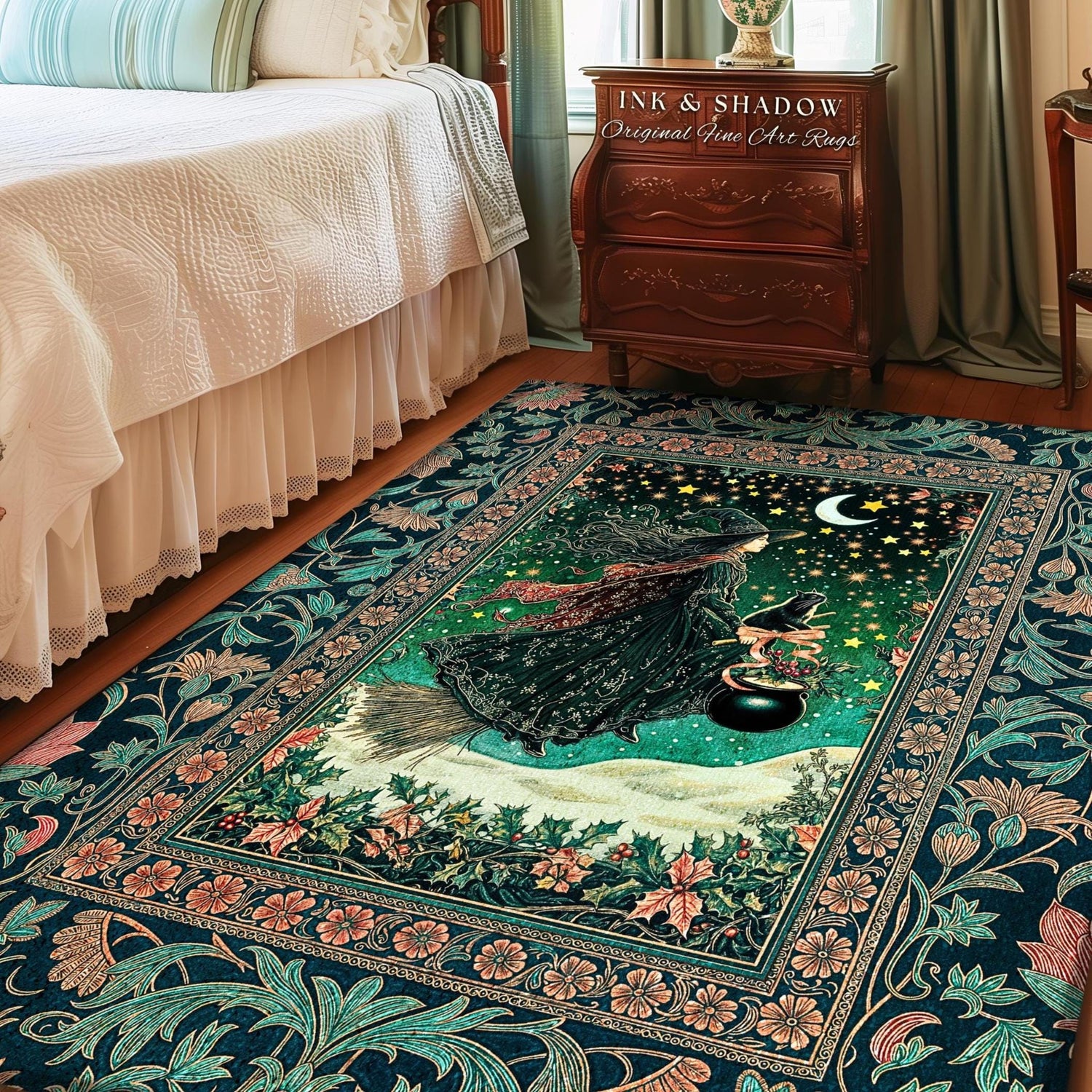 Magic Landscape Winter Witch Rug | Moonlit Ethereal Witchy Bedroom Accent Gothic Decor Moon Black Cat Whimsical Folklore Cottagecore Style