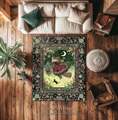 Snowy Magic Celestial Witch Rug | Gothic Magic Black Cat Bedroom Accent Broomstick Ride Moon Stars Botanical Frame Mystical Folklore Art |
