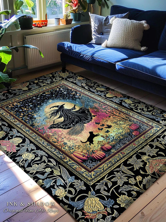 Starlit Storybook Witch Accent Rug | Flying Broomstick Gothic Ethereal Aesthetic Broomstick Magic Celestial Whimsical Decor Enchanted Dorm |