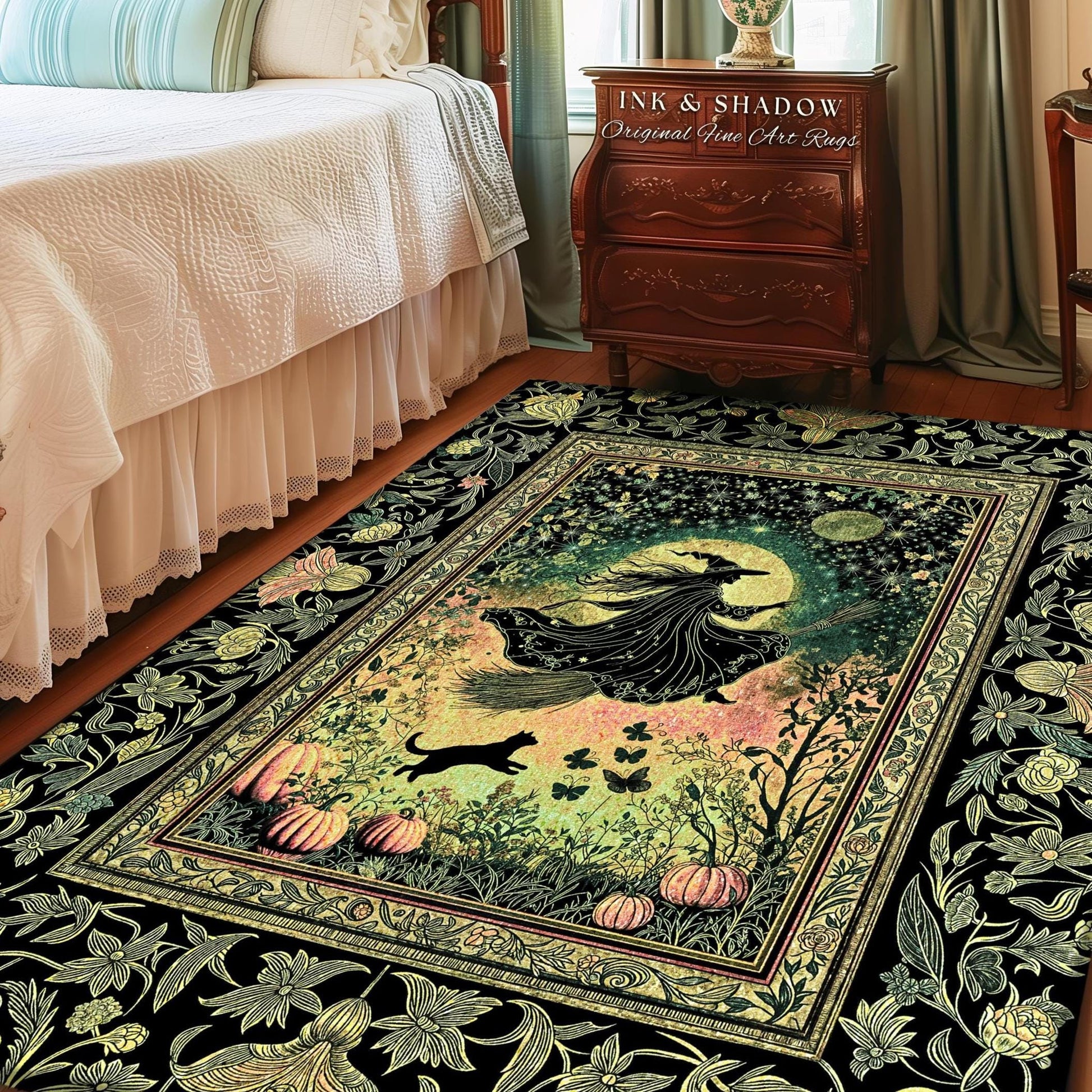 Emerald Sky Flying Witch Accent Rug | Fall Pumpkin Field Bedroom Area Rug Whimsigoth Aesthetic Celestial Folk Art Autumn Dorm Decor Magic |