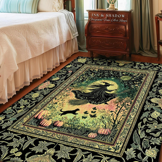 Emerald Sky Flying Witch Accent Rug | Fall Pumpkin Field Bedroom Area Rug Whimsigoth Aesthetic Celestial Folk Art Autumn Dorm Decor Magic |