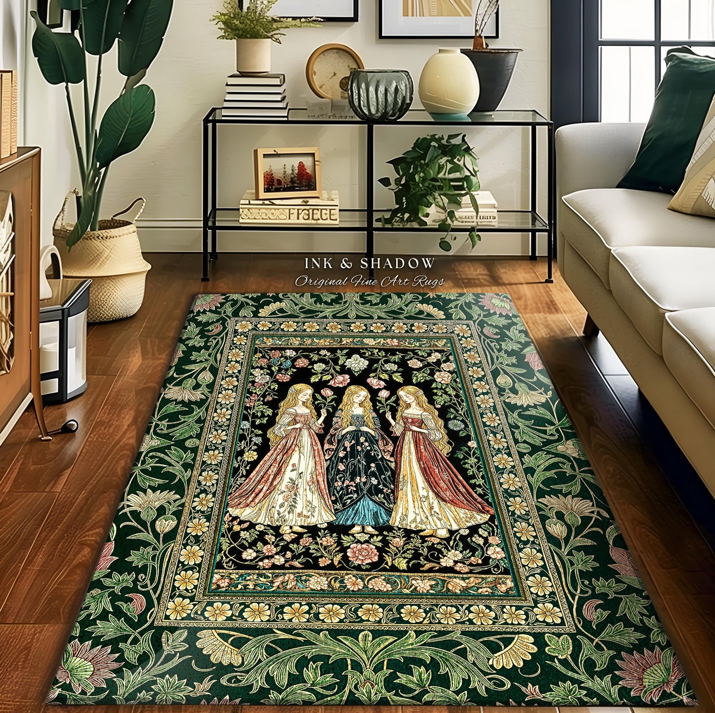 Coven Sisterhood Mystic Area Rug | Witchcore Medieval Folklore Enchanted Botanical Bedroom Accent Celestial Folklore Wiccan Aesthetic Decor