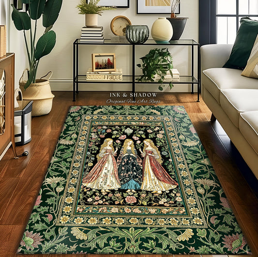 Coven Sisterhood Mystic Area Rug | Witchcore Medieval Folklore Enchanted Botanical Bedroom Accent Celestial Folklore Wiccan Aesthetic Decor