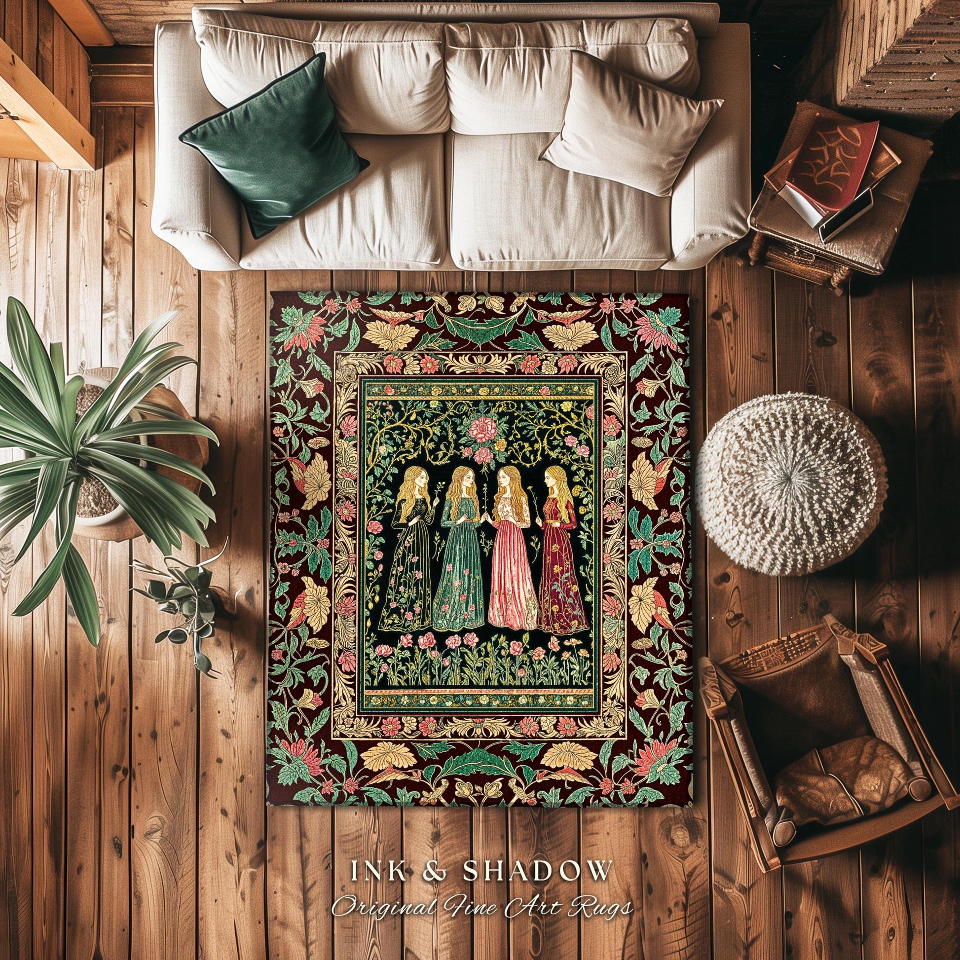 Renaissance Witch Coven Area Rug | Whimsical Folklore Enchanted Floral Bedroom Accent Spellbound Gothic Art Mystic Academia Fairytale Decor
