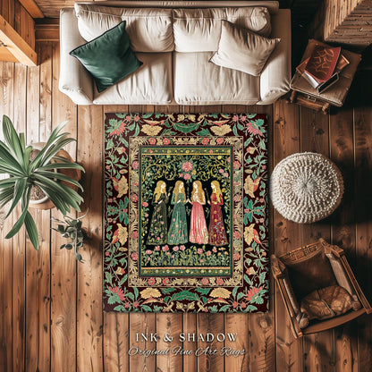 Renaissance Witch Coven Area Rug | Whimsical Folklore Enchanted Floral Bedroom Accent Spellbound Gothic Art Mystic Academia Fairytale Decor
