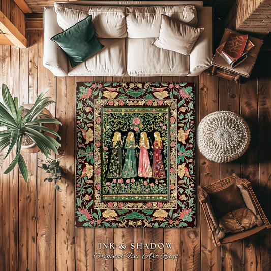 Renaissance Witch Coven Area Rug | Whimsical Folklore Enchanted Floral Bedroom Accent Spellbound Gothic Art Mystic Academia Fairytale Decor