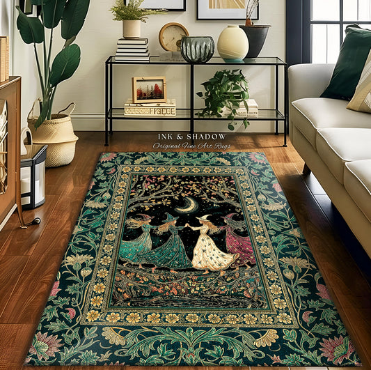 Whimsical Witch Sisterhood Accent Rug | Dreamy Dark Witchy Coven Forest Baroque Floral Gothic Decor Mystic Boho Sorceress Woodland Area Rug
