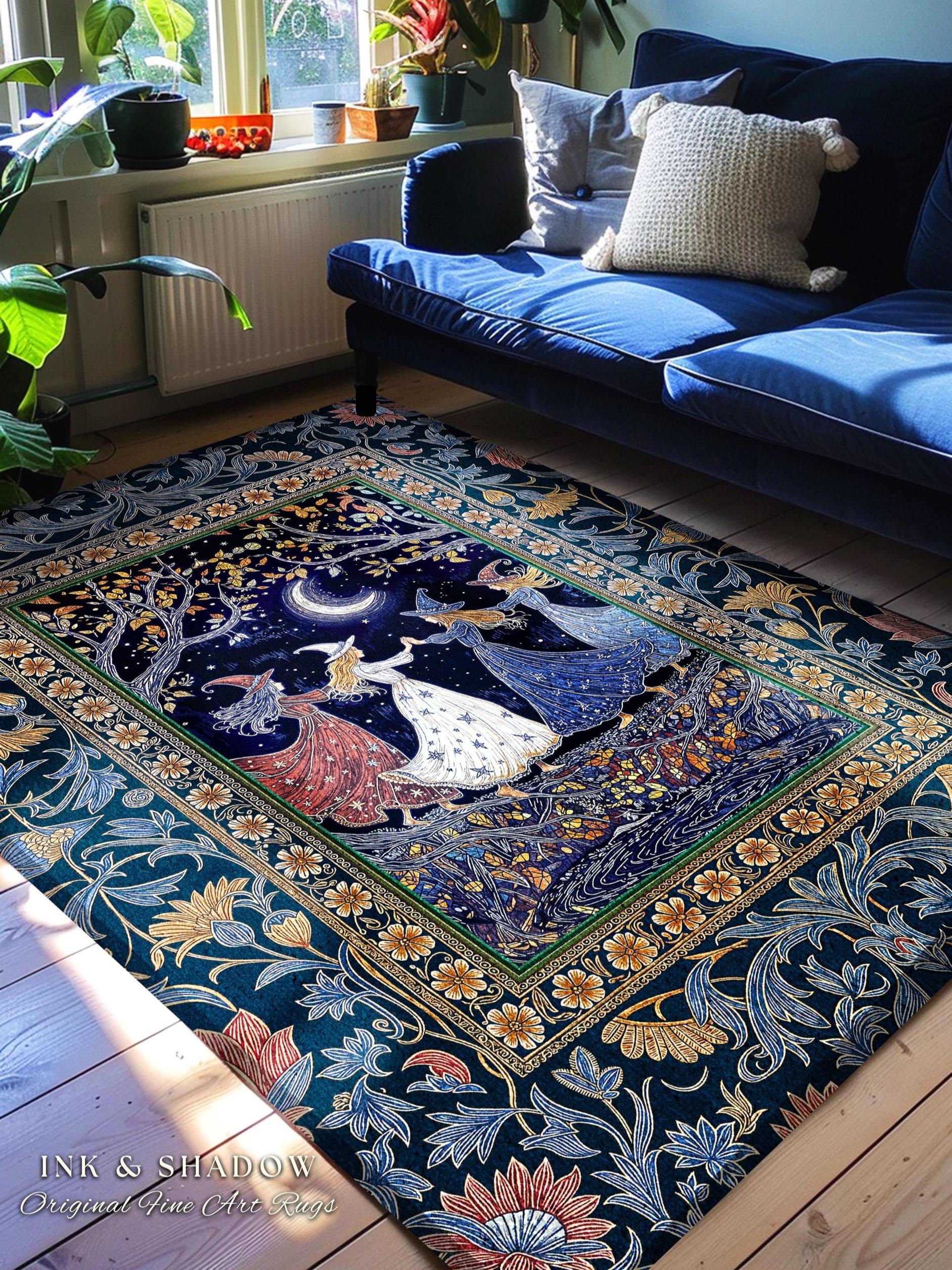 Moonlit Magic Witches Area Rug | Medieval Fairytale Floral Enchanted Witchcore Baroque Dark Folk Art Home Decor Occult Boho Bedroom Accent |