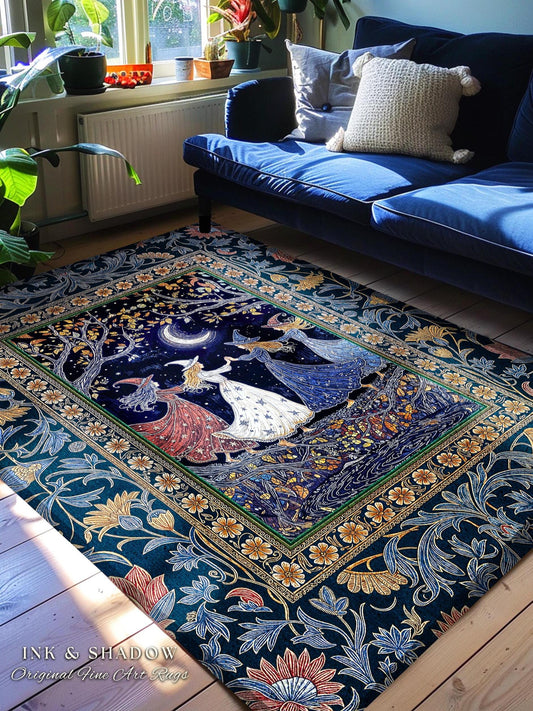 Moonlit Magic Witches Area Rug | Medieval Fairytale Floral Enchanted Witchcore Baroque Dark Folk Art Home Decor Occult Boho Bedroom Accent |