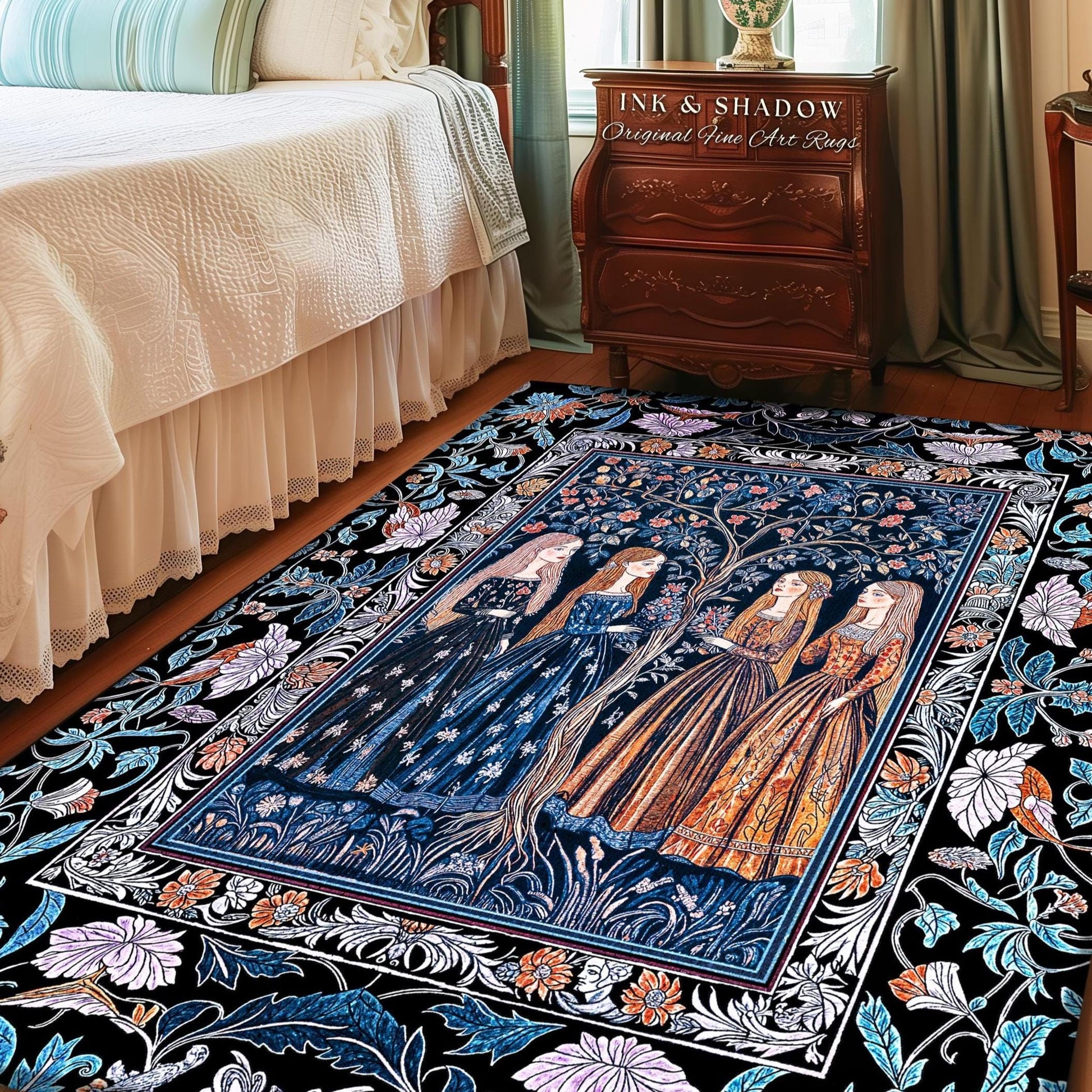 Enchanted Sisterhood Folklore Area Rug | Moody Bedroom Dark Enchantment Witchy Bedroom Accent Rug Mythical Aesthetic Folk Art Dreamy Decor |