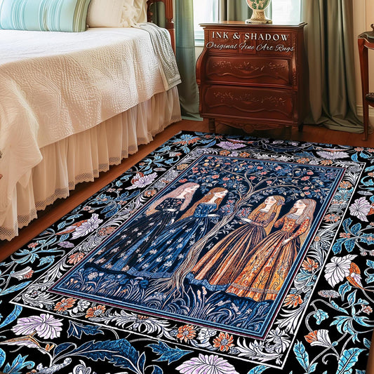 Enchanted Sisterhood Folklore Area Rug | Moody Bedroom Dark Enchantment Witchy Bedroom Accent Rug Mythical Aesthetic Folk Art Dreamy Decor |