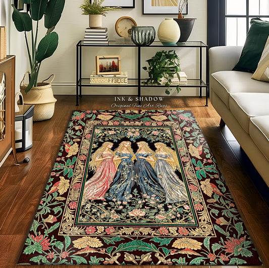 Magic Maidens Medieval Area Rug | Dark Fairytale Witches Floral Forest Floor Vedroom Accent Ethereal Renaissance Gothic Art Decor Fairycore