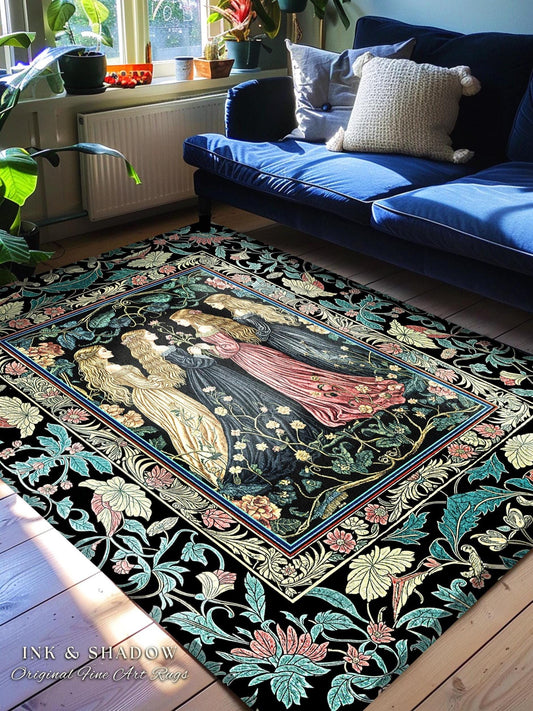 Wiccan Botanical Style Accent Rug | Medieval Celestial Dark Cottagecore Folklore Sisterhood Magic Witchy Bedroom Enchanted Boho Aesthetic |