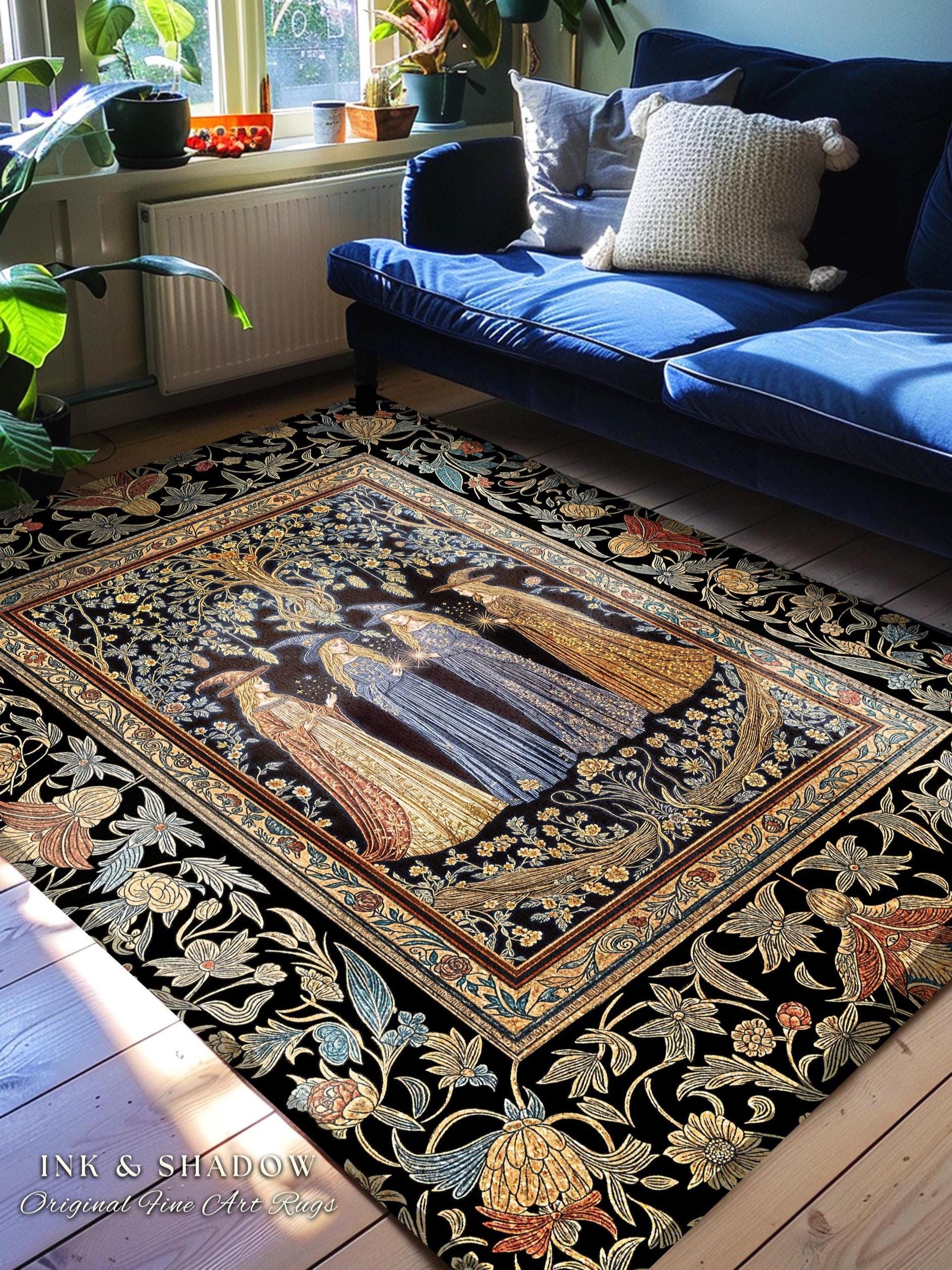 Celestial Witches Gothic Bedroom Rug | Dreamy Maiden Forest Enchantment Floral Magic Coven Witchy Area Rug Folk Tale Sisterhood Art Bohemian