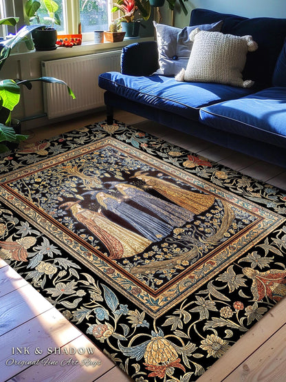 Celestial Witches Gothic Bedroom Rug | Dreamy Maiden Forest Enchantment Floral Magic Coven Witchy Area Rug Folk Tale Sisterhood Art Bohemian