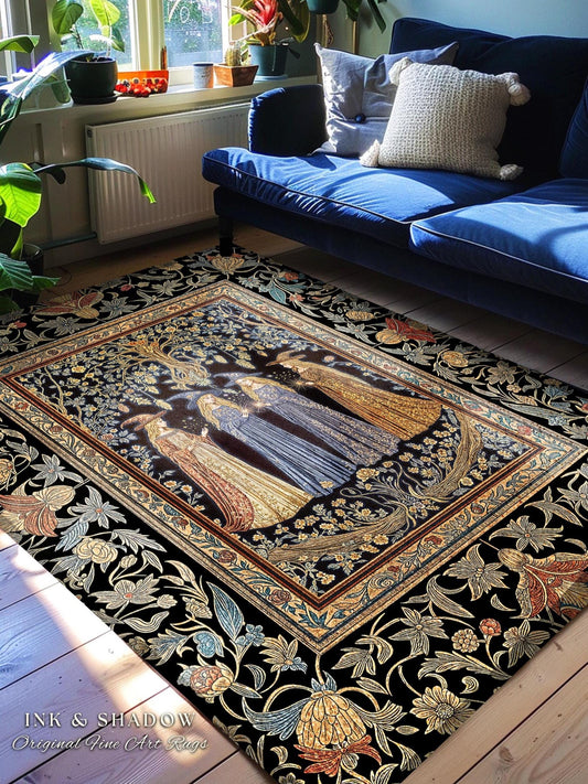 Celestial Witches Gothic Bedroom Rug | Dreamy Maiden Forest Enchantment Floral Magic Coven Witchy Area Rug Folk Tale Sisterhood Art Bohemian