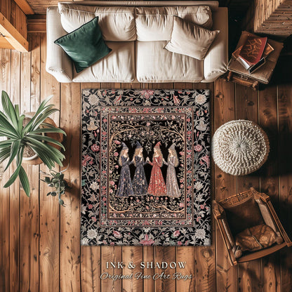 Enchanted Maidens Rustic Area Rug | Mystical Folklore Floral Gothic Art Nouveau Bedroom Rug Ethereal Coven Magic Dark Boho Aesthetic Decor