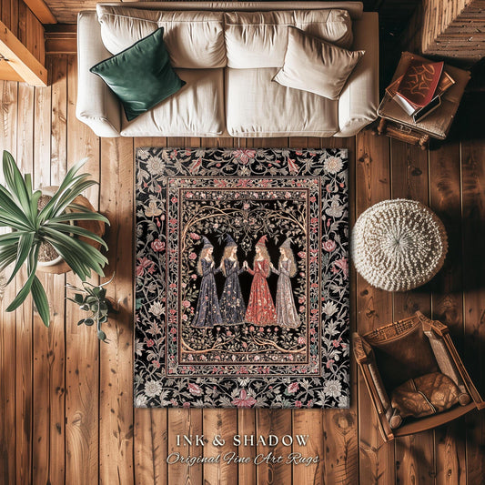 Enchanted Maidens Rustic Area Rug | Mystical Folklore Floral Gothic Art Nouveau Bedroom Rug Ethereal Coven Magic Dark Boho Aesthetic Decor