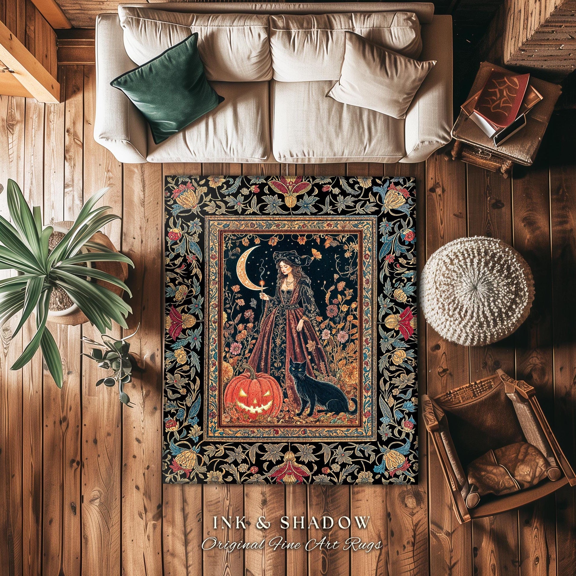 Black Cat Witch Spooky Season Area Rug | Celestial Sorceress Ethereal Halloween Aesthetic Accent Jack-o-lantern Wiccan Enchantment Gothic |