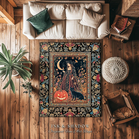 Black Cat Witch Spooky Season Area Rug | Celestial Sorceress Ethereal Halloween Aesthetic Accent Jack-o-lantern Wiccan Enchantment Gothic |