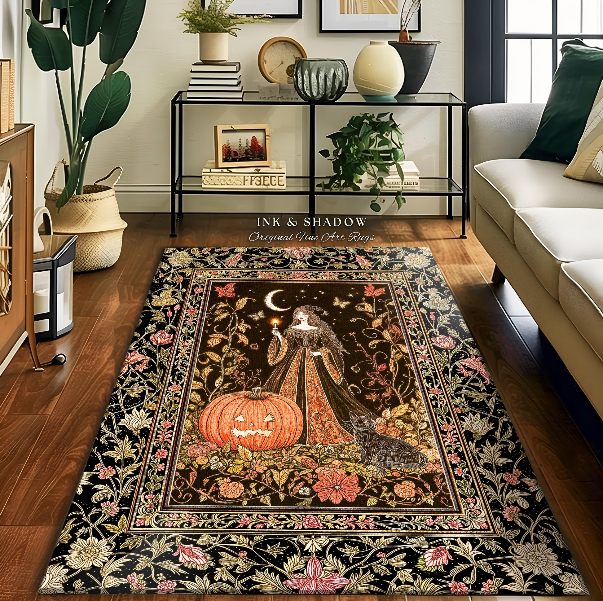 Midnight Sorcery Pumpkin Witch Rug | Medieval Aesthetic Bohemian Halloween Accent Rug Gothic Retro Halloween Style Folklore Black Cat Decor